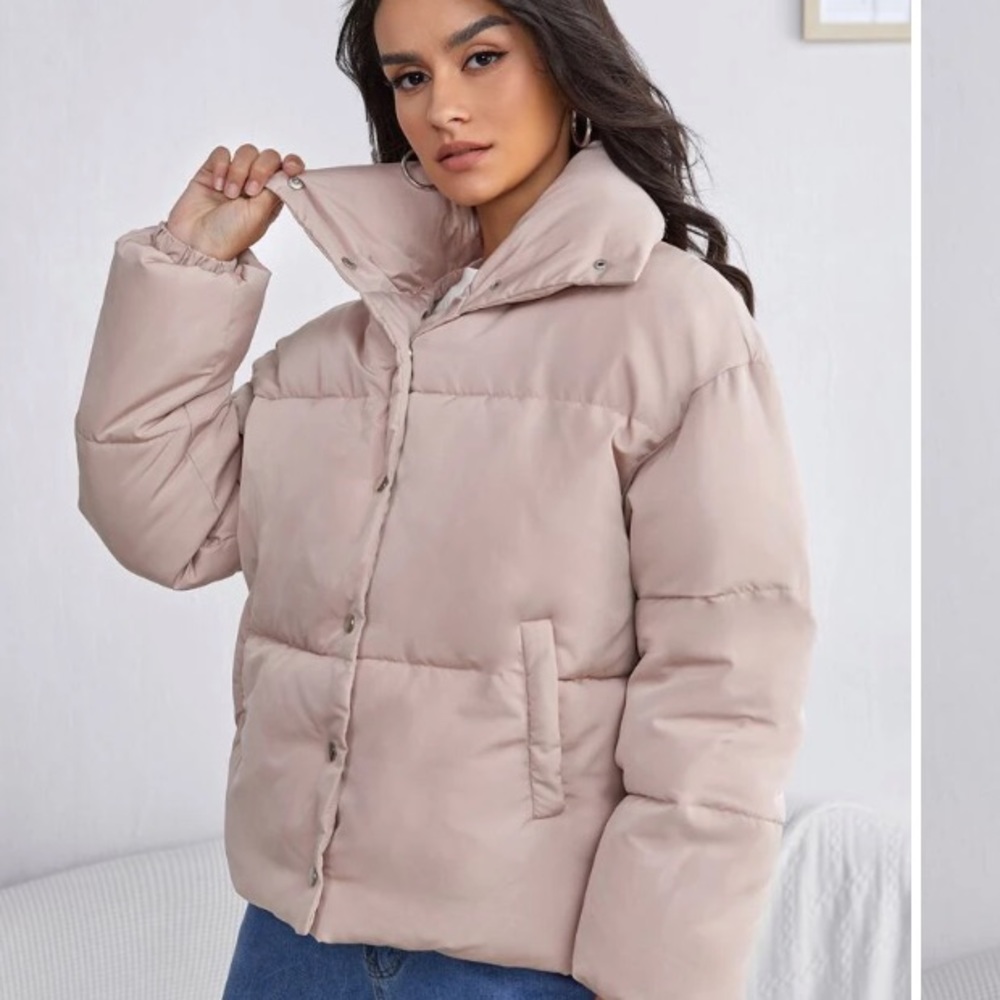 Puffer jacket button up shein medium baby pink